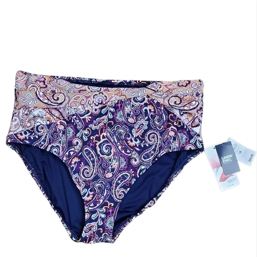 Land’s End Full Coverage Swim Bottoms Retro Twist Waist Paisley Print 18